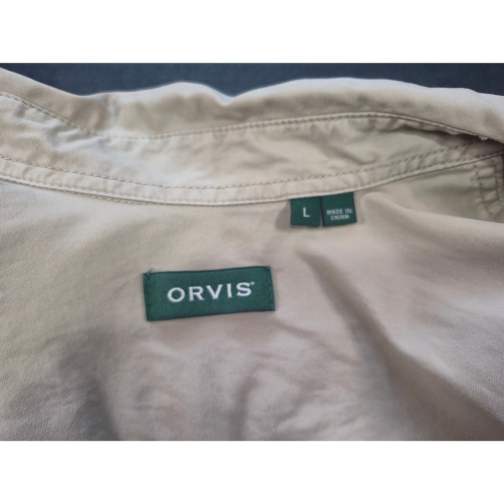 Orvis Bush Shirt Mens Large Khaki Tan Cotton Safari Long Sleeve Button Up Cargo - Picture 2 of 12